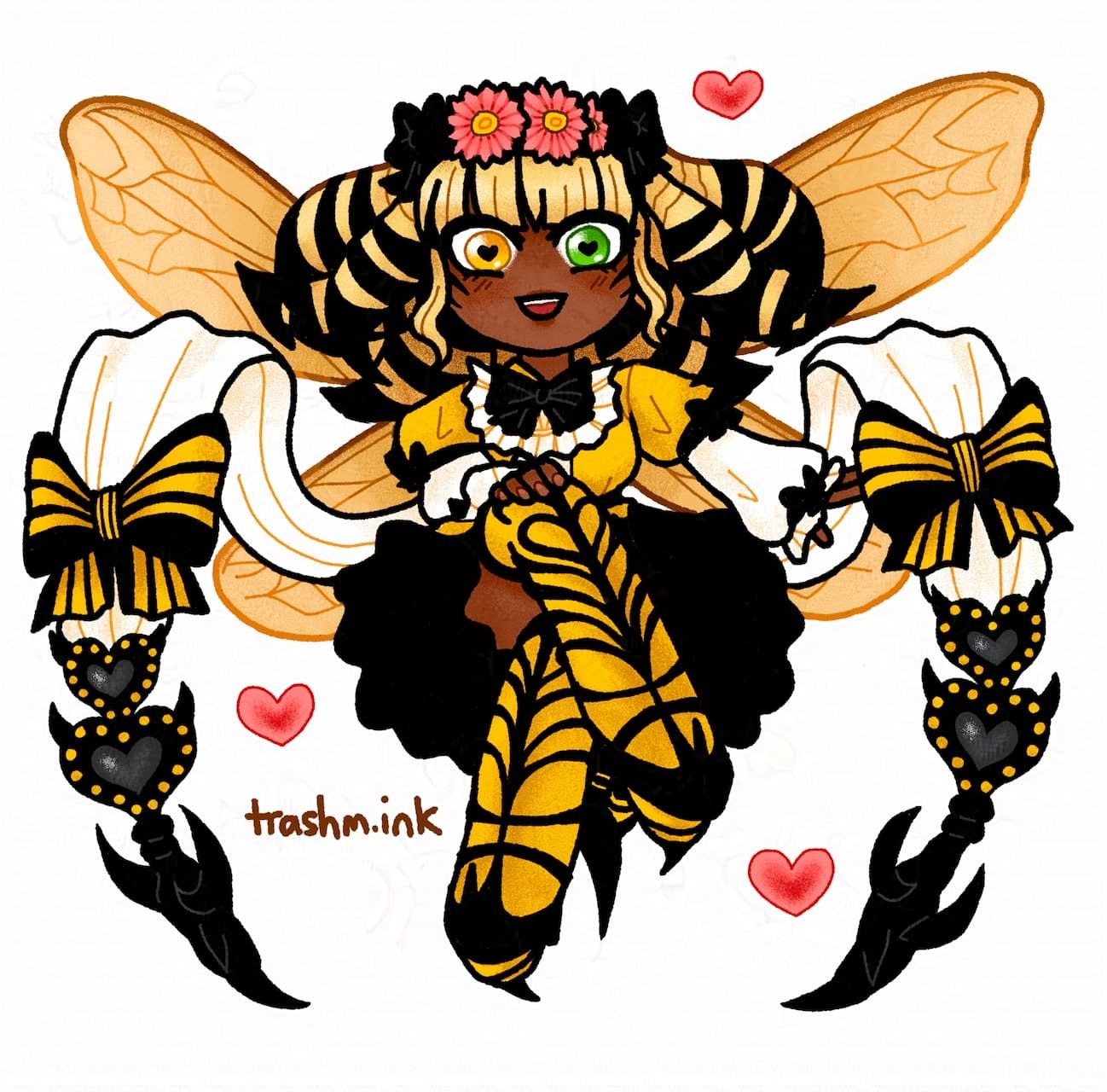 A stylized illustration of Honey B. Lovely from Final Fantasy XIV. She's floating with her legs crossed and stingers poised, staring at the viewer with hearts in her eyes.