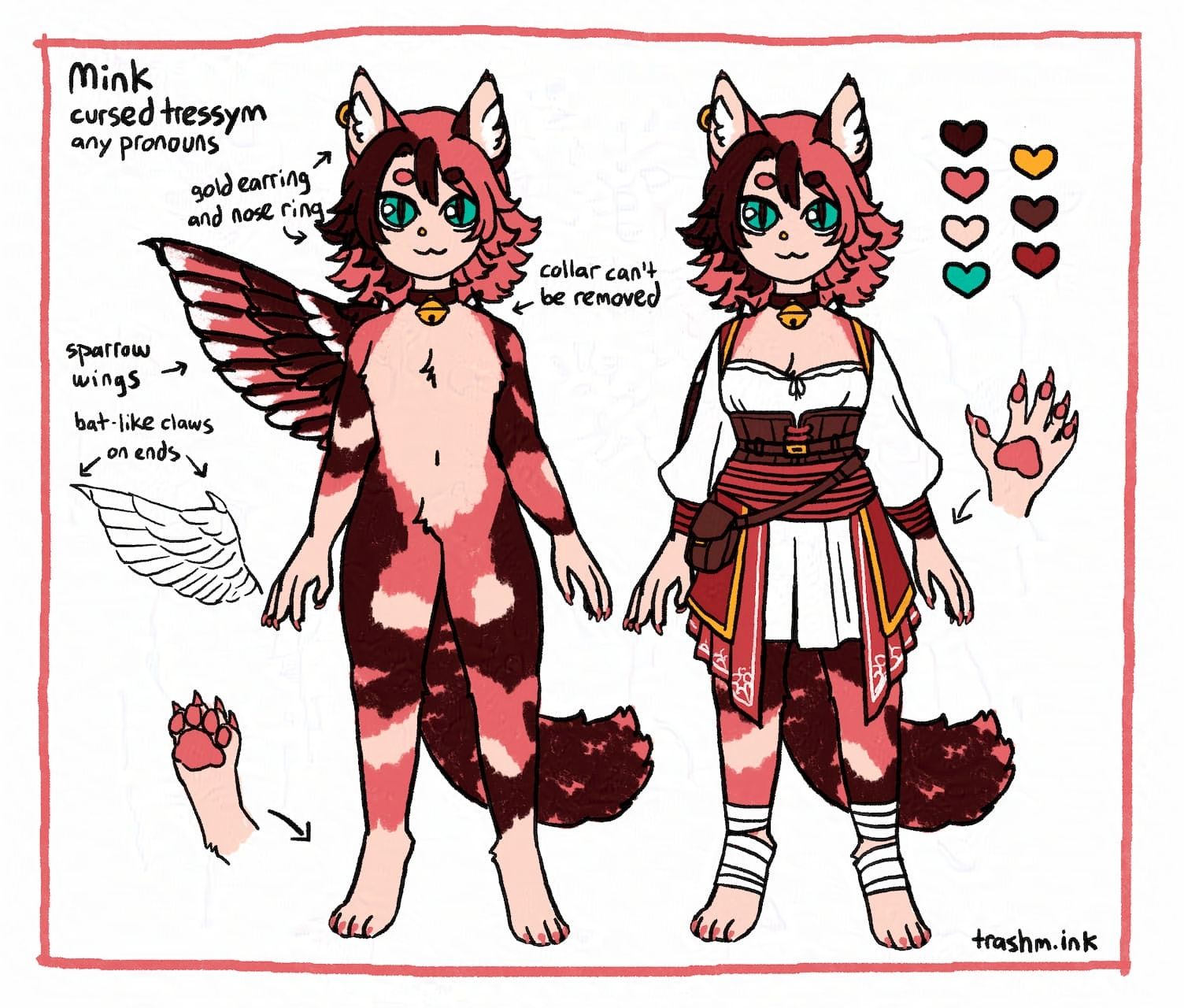 A reference sheet for an anthropomorphic, cursed tressym named Mink (any pronouns). Their calico fur is cream, pink, and brown, and they have sparrow wings with clawed appendages. Their ears are pointy with white tufts, and they have a fluffy tail. They have pink pads and claws on their hands and feet, as well as a single gold earring and nose ring. They have a bell collar which can't be removed. Their eyes are turquoise with slit pupils, and their hair is split pink and brown. One version is nude (albeit covered in fur), and the other is wearing a fantasy-style outfit consisting of a short, flowy white dress with puffy sleeves, a corset, layers of fabric and a bag around their waist, and white bandages around their ankles.