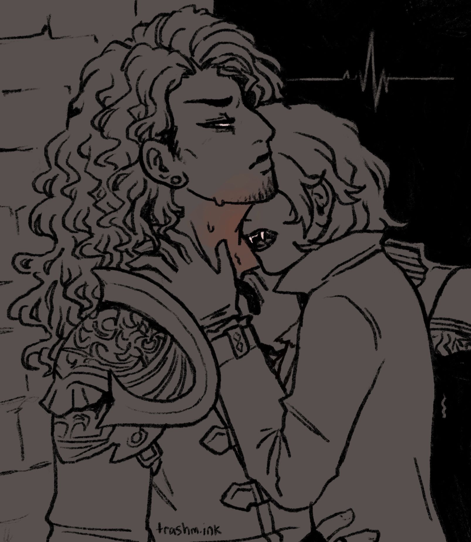 Sketch of Julien and Occtis from Critical Role campaign 4, in which Occtis is a vampire. They are in an uneasy embrace, Occtis with his fangs hovering over Julien's neck and Julien glancing to the side.
