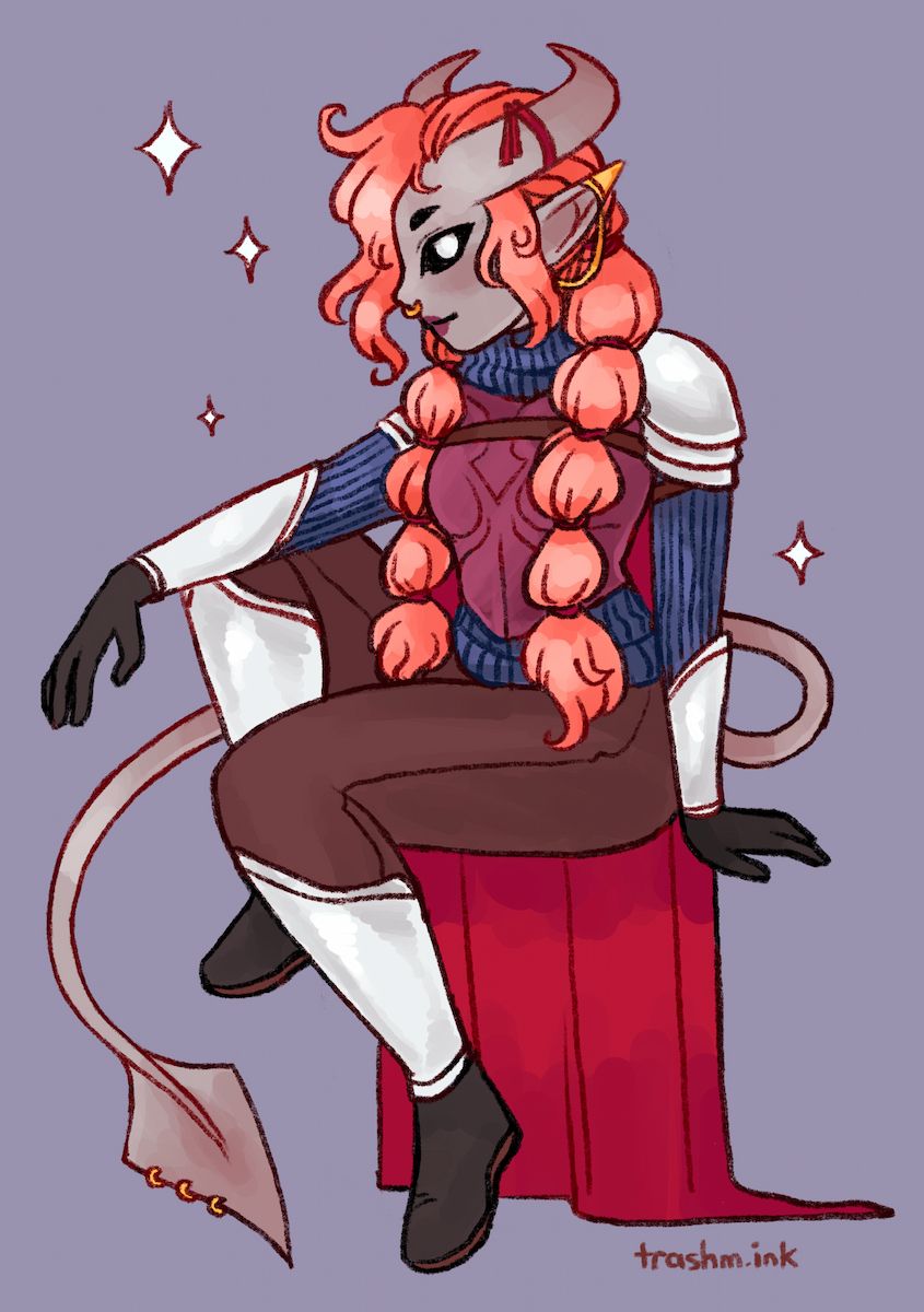 A tiefling with warm gray skin and fluffy pink hair tied into pigtails. She is sitting with an arm over her knee, in light armor and a cape.