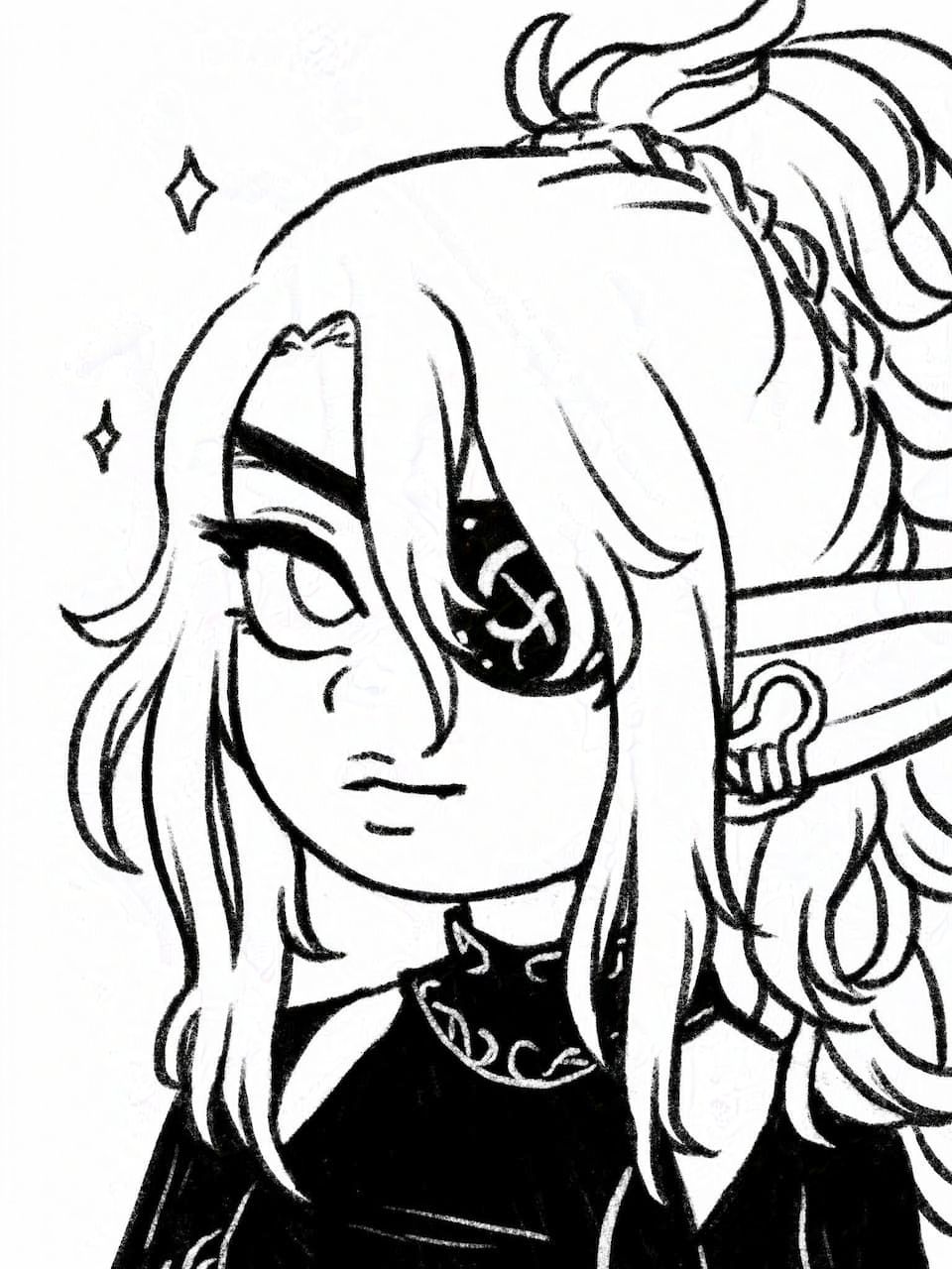 A portrait sketch of a lalafell from Final Fantasy XIV. She has long hair tied up in a messy ponytail, and and eyepatch over her left eye. She is smiling at the viewer with sparkles next to her face.