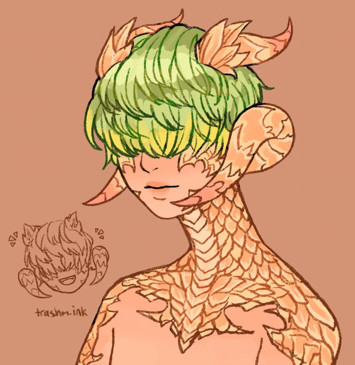 A portrait of a raen from Final Fantasy XIV. They have green hair covering their eyes, and two sets of horns pointing in opposite directions. Scales cover their neck, shoulders, and part of their face. They are smiling calmly at the viewer. In the corner of the canvas, there is a doodle of the same character smiling brightly.