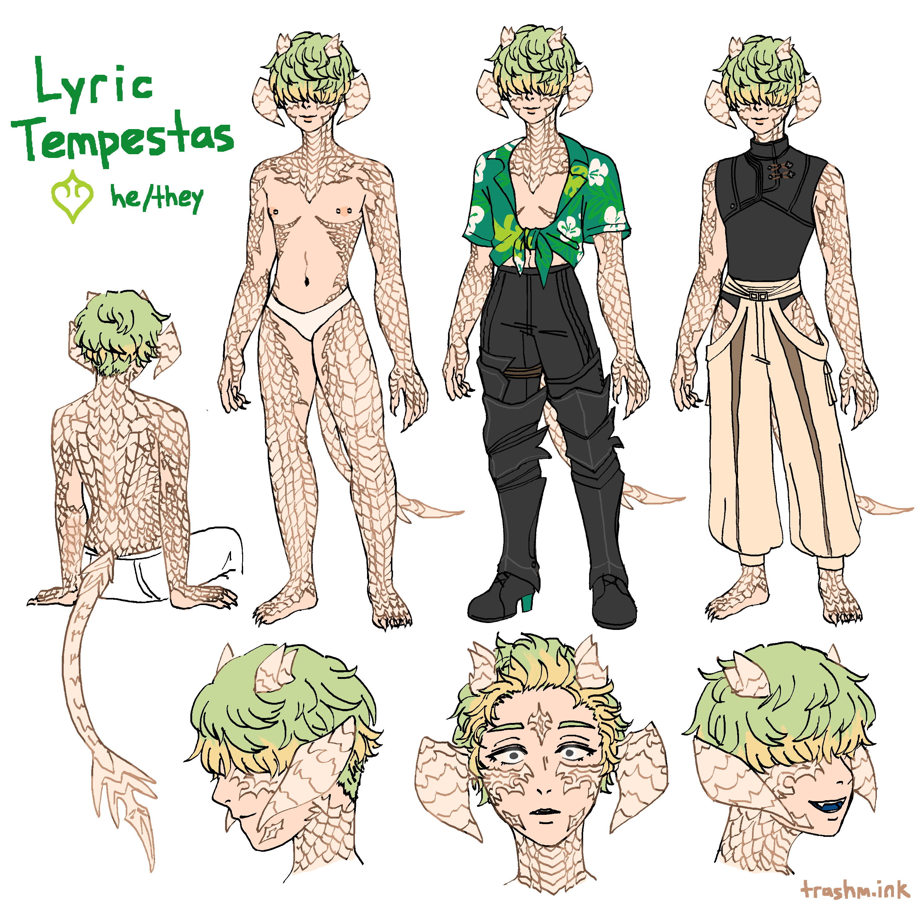 A reference sheet for an au ra dancer named Lyric Tempestas (he/they). He has light green hair with yellow highlights just long enough to cover his eyes with an undercut in the back. He has two sets of horns, one set wide and pincer shaped on the sides of his head and another much smaller set at the top of his head. He has nipple piercings and sharp claws, and scales cover most of his body.