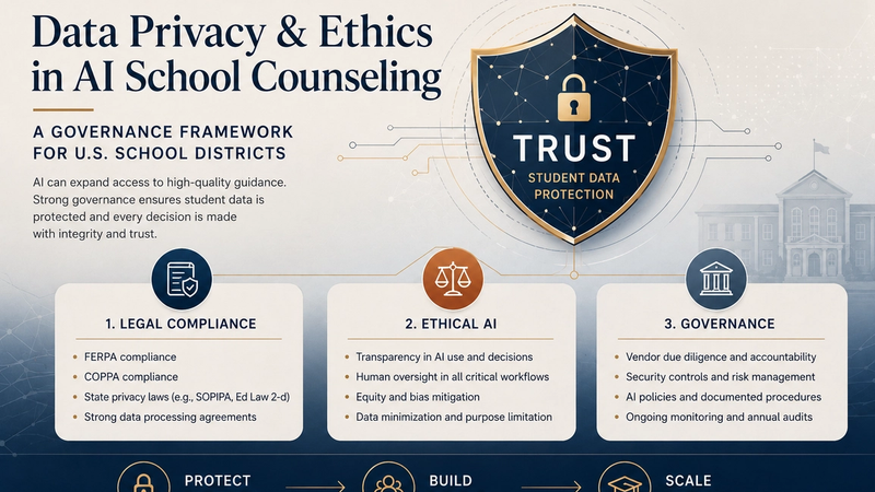 Professional infographic illustrating how collegefind.ai helps schools balance student data privacy, ethical AI practices, and governance frameworks to scale personalized student support while maintaining trust and compliance