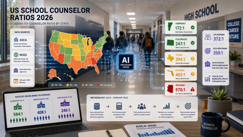 Interactive AI dashboard visualising U.S. school counselor ratios by state inside a modern high school, with state-level data flowing through an AI engine from national education sources.