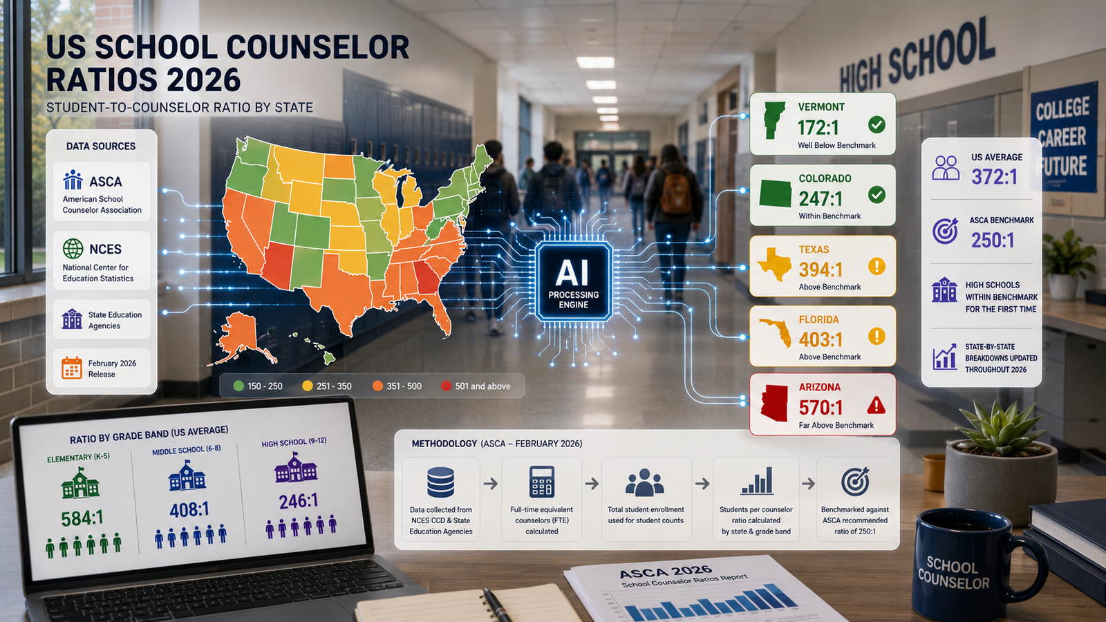 Interactive AI dashboard visualising U.S. school counselor ratios by state inside a modern high school, with state-level data flowing through an AI engine from national education sources.