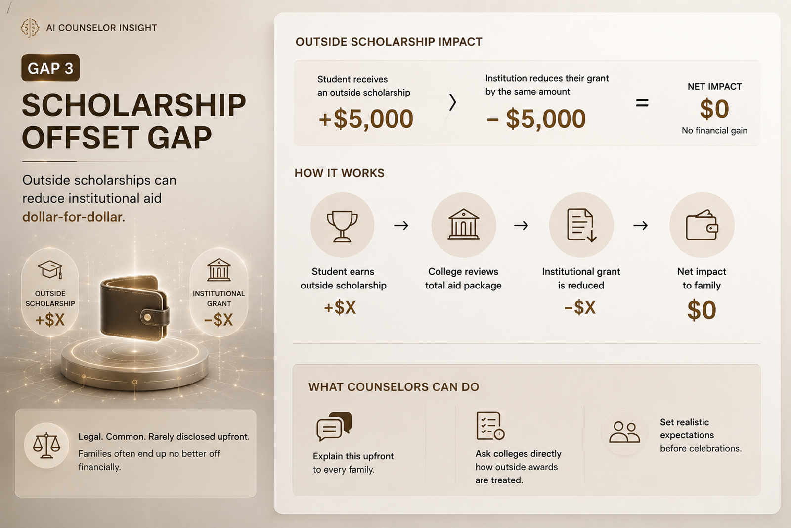 AI-powered dashboard explaining the Scholarship Offset Gap, showing how outside scholarships can reduce institutional grant aid dollar-for-dollar, leaving little or no additional financial benefit for students.