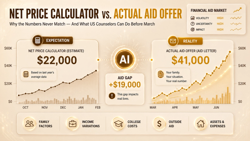 AI dashboard comparing Net Price Calculator vs. Actual Aid Offer, showing the widening financial aid gap between estimated college costs and actual aid letters for U.S. families.