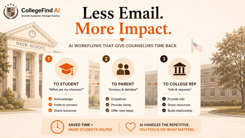 Professional infographic from CollegeFind AI showing how AI helps high school counselors streamline three common email types such as student inquiries, parent concerns, and college representative requests like saving time for meaningful student support, with a subtle high school background in warm peach and brown tones.
