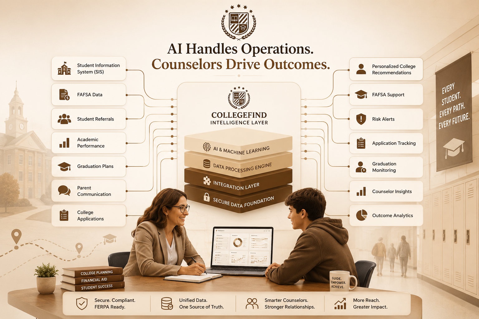 AI architecture for high school counseling connecting student data, FAFSA, referrals, and college planning to help counselors deliver personalized student support.