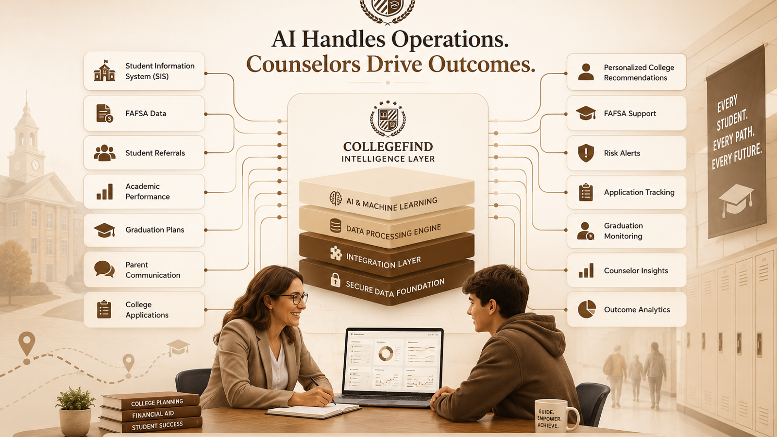 AI architecture for high school counseling connecting student data, FAFSA, referrals, and college planning to help counselors deliver personalized student support.