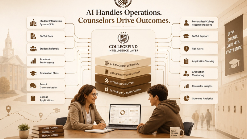 AI architecture for high school counseling connecting student data, FAFSA, referrals, and college planning to help counselors deliver personalized student support.