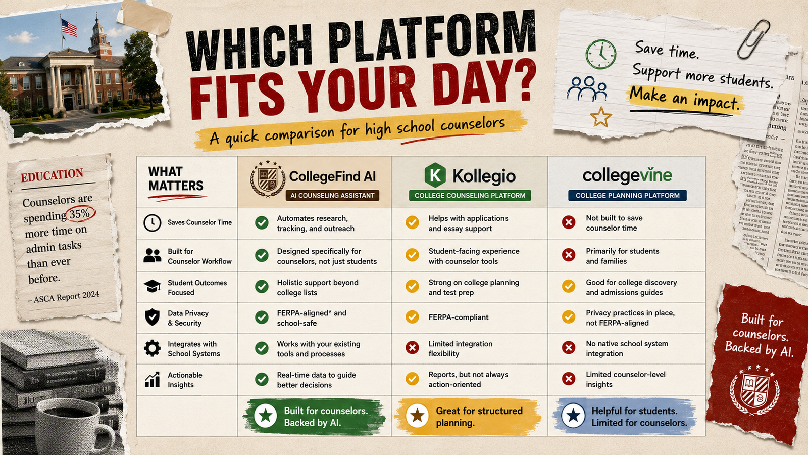 AI comparison dashboard showing CollegeFind AI alongside Kollegio and CollegeVine, visualizing counselor-first workflow automation, AI simulation, caseload management, and college admissions planning in a modern SaaS interface