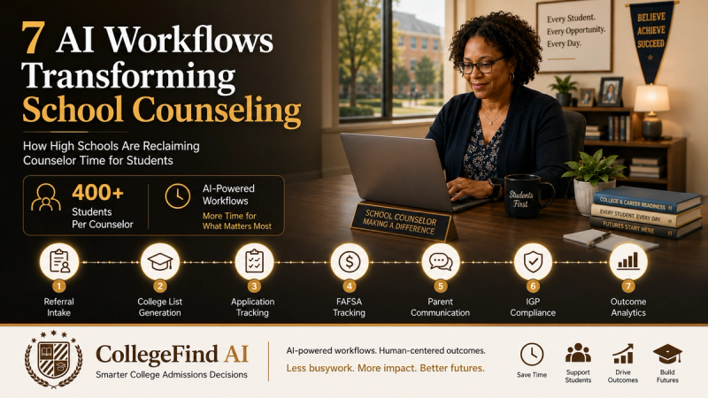 Professional CollegeFind.ai infographic illustrating seven AI-powered school counseling workflows. The image features a modern counselor working in a high school counseling office with workflow icons representing referral intake, college list generation, application tracking, FAFSA monitoring, parent communication, IGP compliance, and outcome analytics. A prominent statistic highlights more than 400 students per counselor, emphasizing how AI helps schools reclaim counselor time for students.