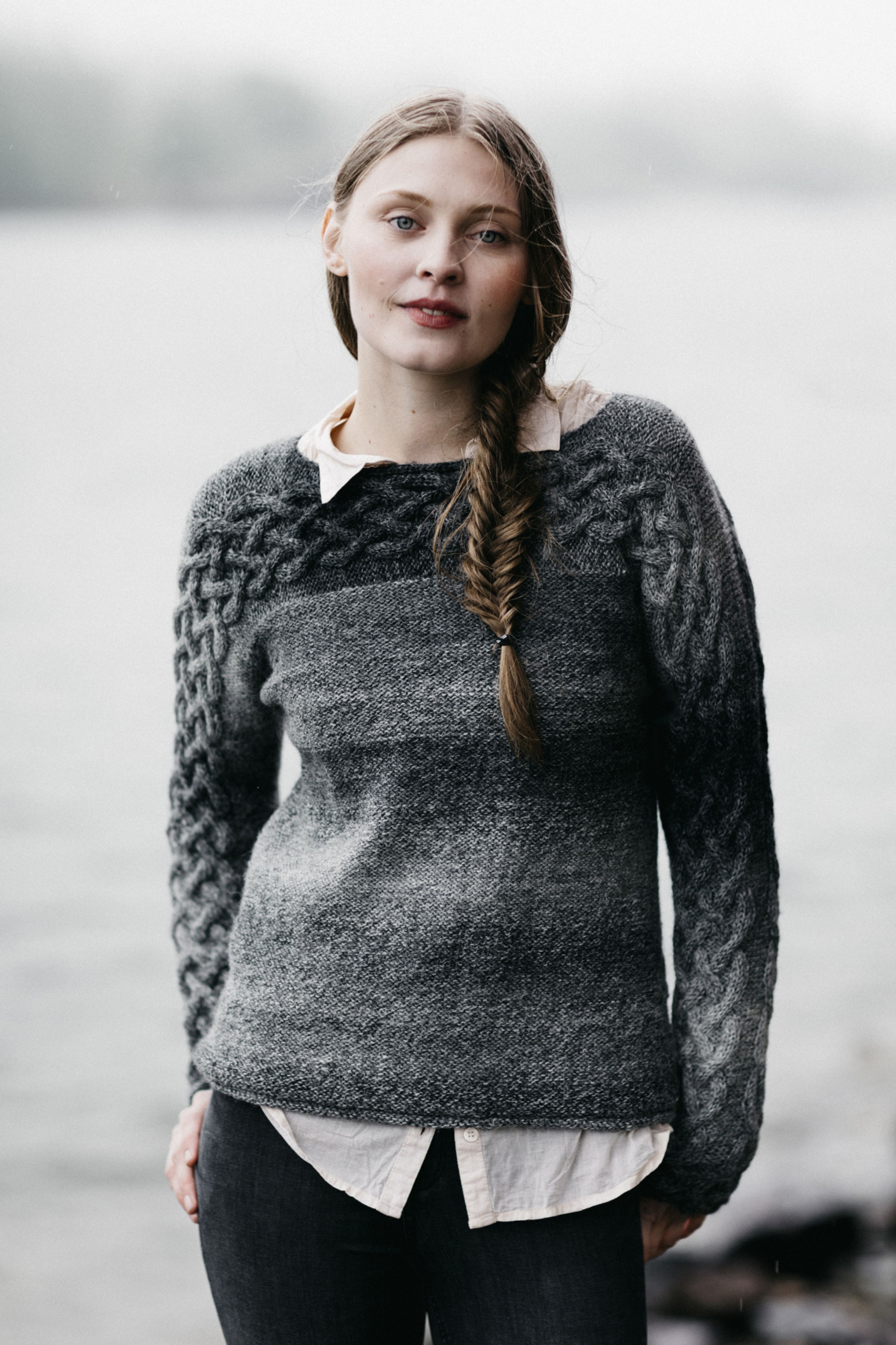 Women's sweater with cables Novita Nordic Wool Flow