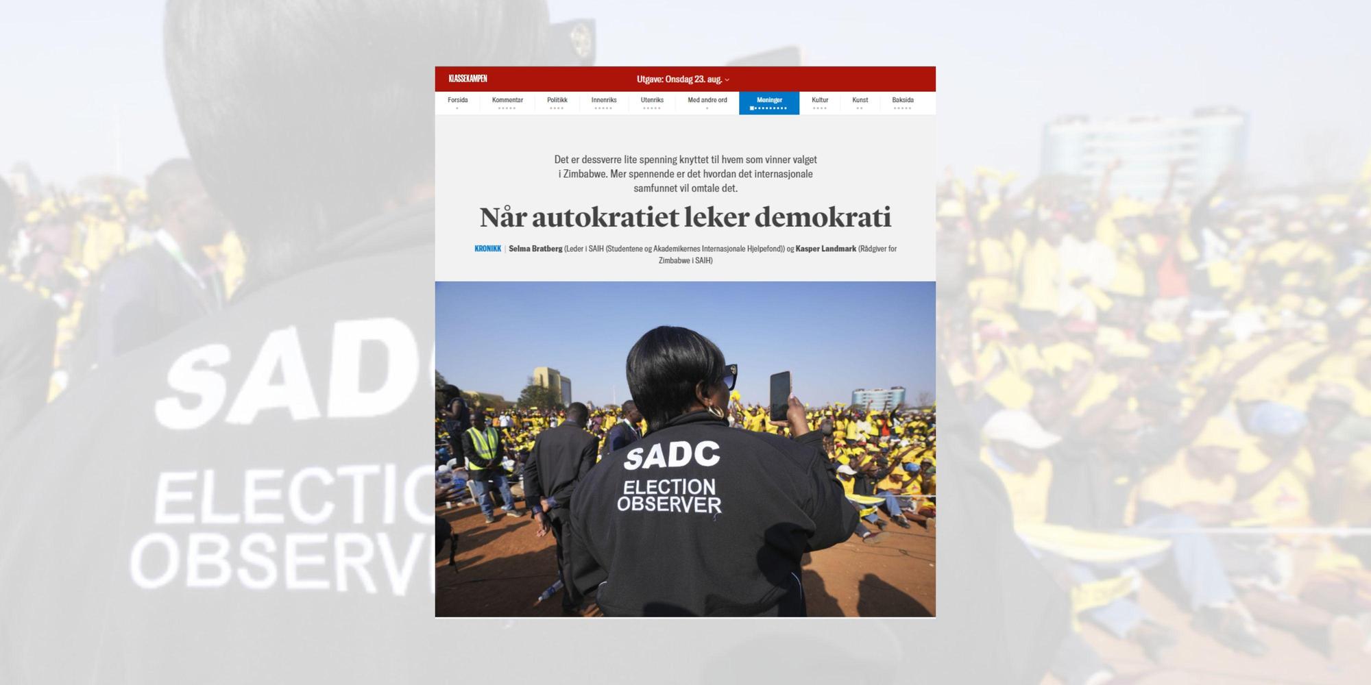 Skjermdump fra Klassekampen 23. august med tittel "Når autokratiet leker demokrati". 