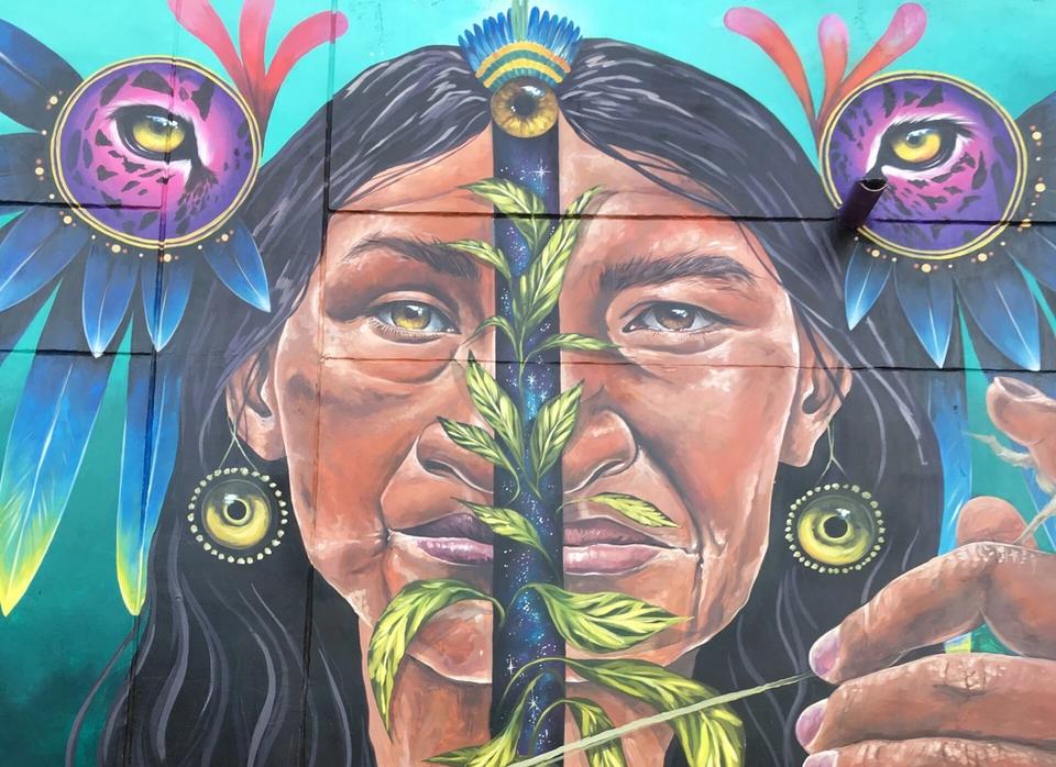 a painting of a woman with a plant in her mouth