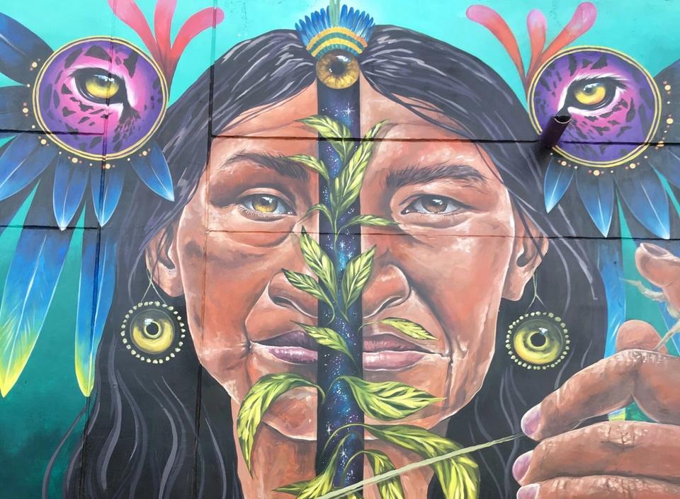 a painting of a woman with a plant in her mouth