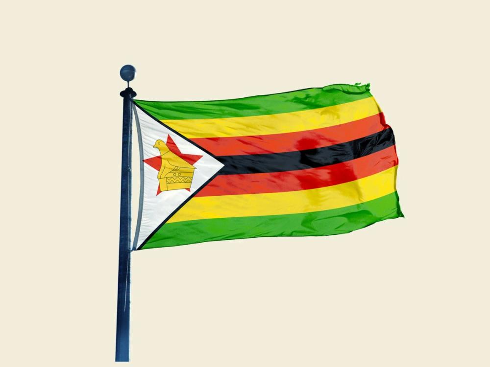 Flag of Zimbabwe waving on a flagpole.