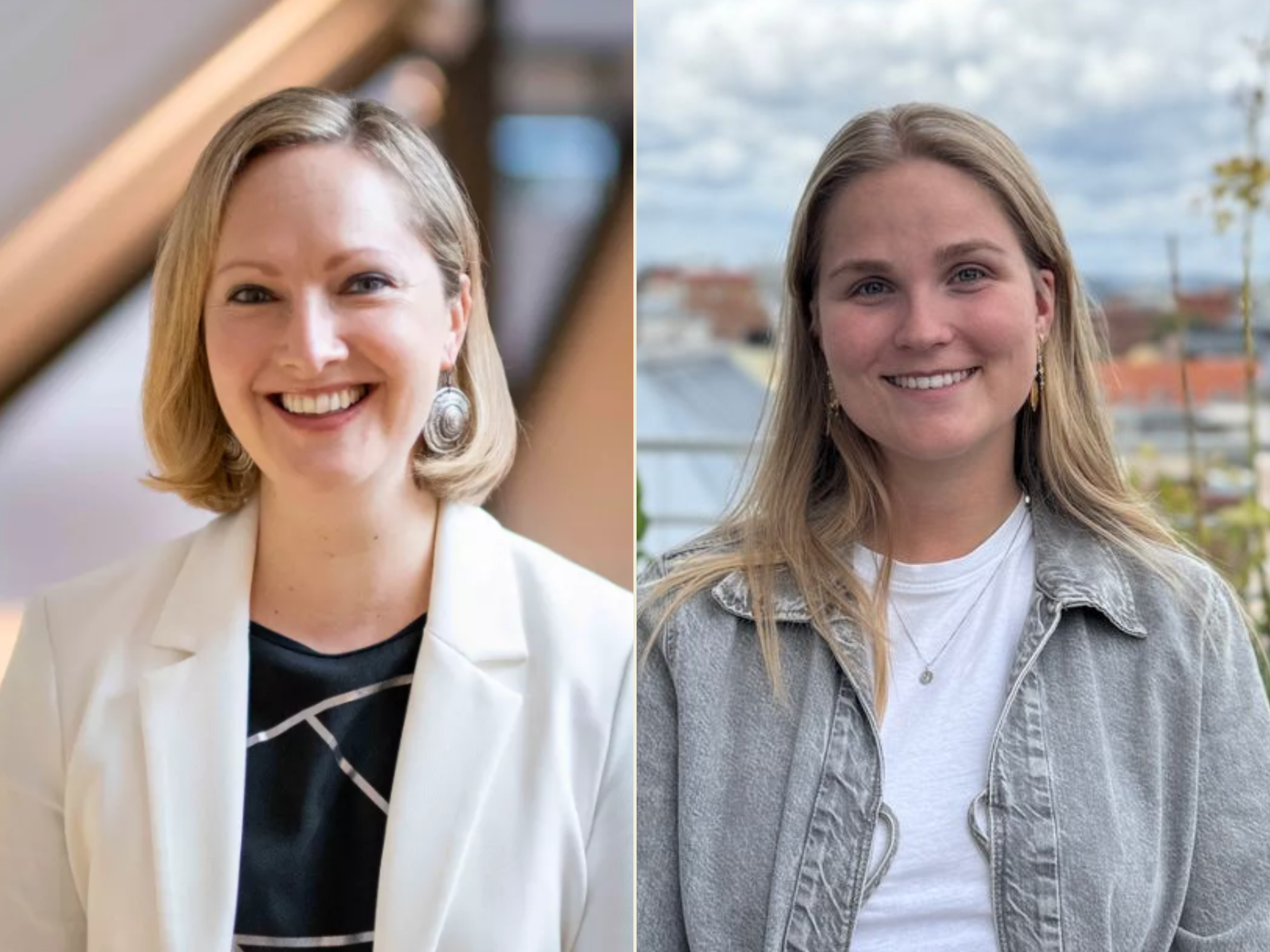 Two smiling women, one with short blonde hair in a white blazer, the other with long blonde hair in a grey jacket.