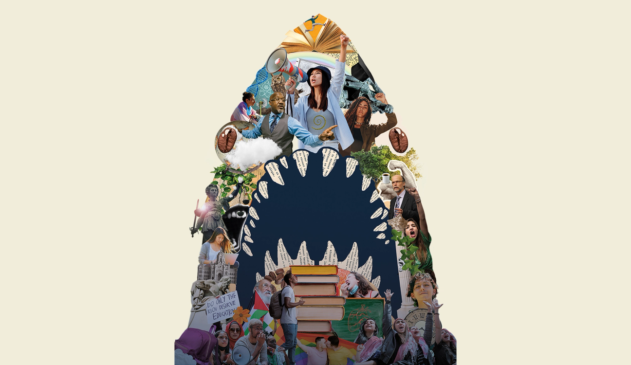 a collage of people in the shape of a shark 's mouth .
