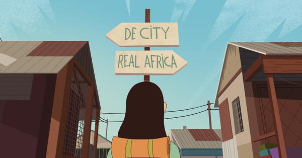 En kvinne står foran to veiskilt "de city" og "real Africa"