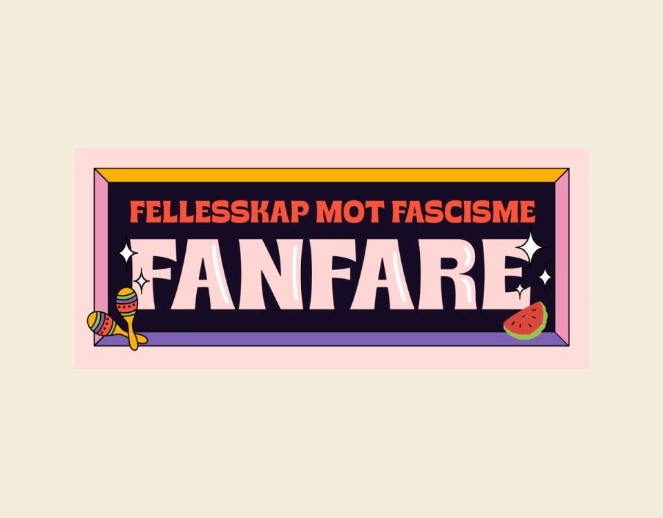 a sign that says fanfare with a watermelon and maracas on it .