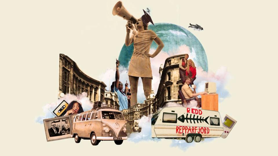 Vintage collage depicting a woman with a megaphone, city scenes, a VW van, protesters, retro technology, and a trailer marked "REDD REPPARFJORD" with a fish skeleton.