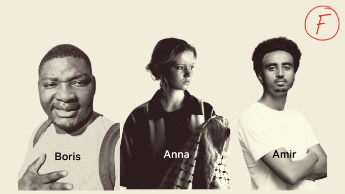 a man named boris stands next to a woman named anna and a man named amir