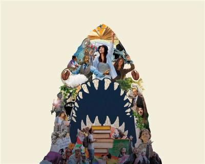a collage of people in the shape of a shark 's mouth .