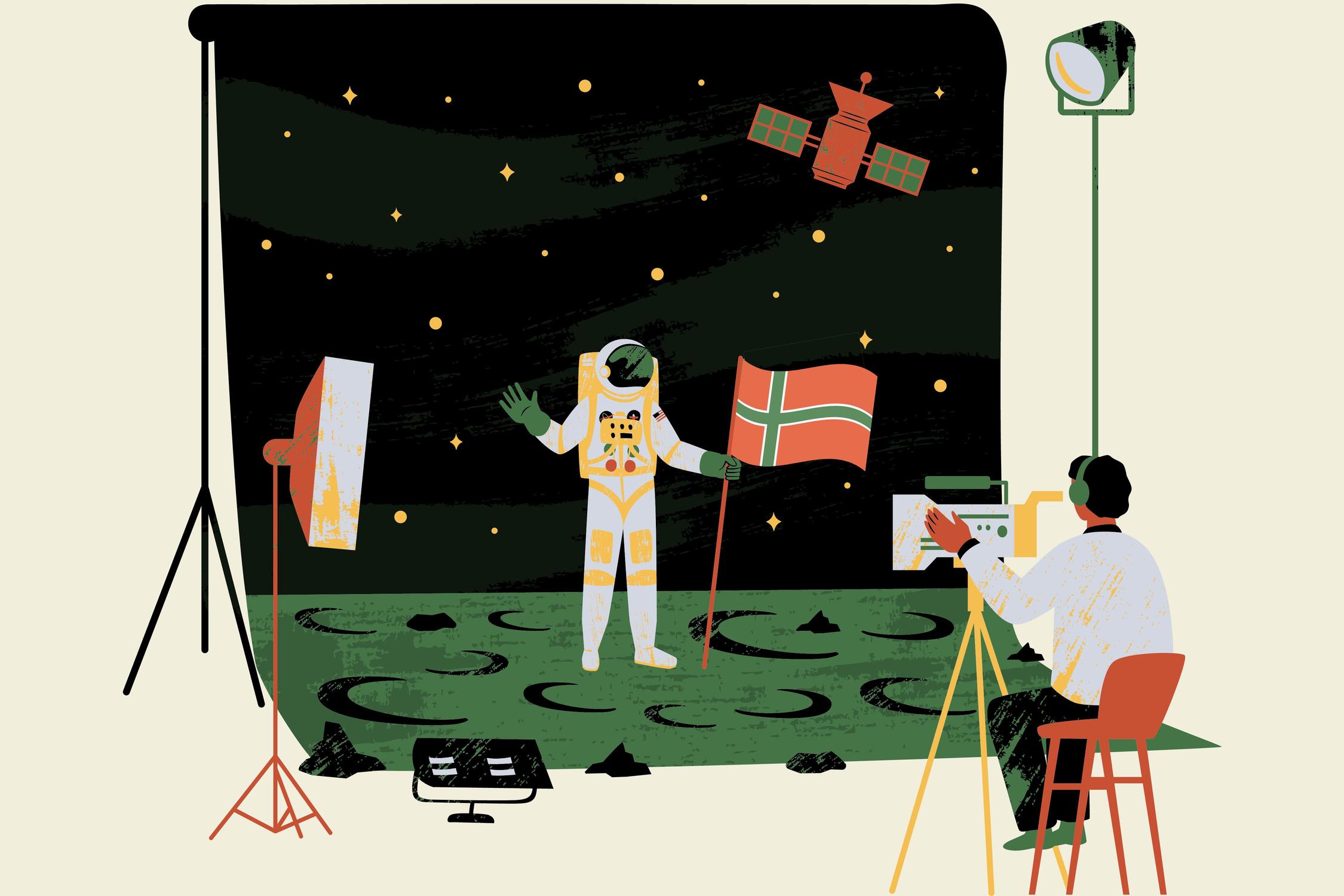 En mann tar et bilde av en astronaut på månen.