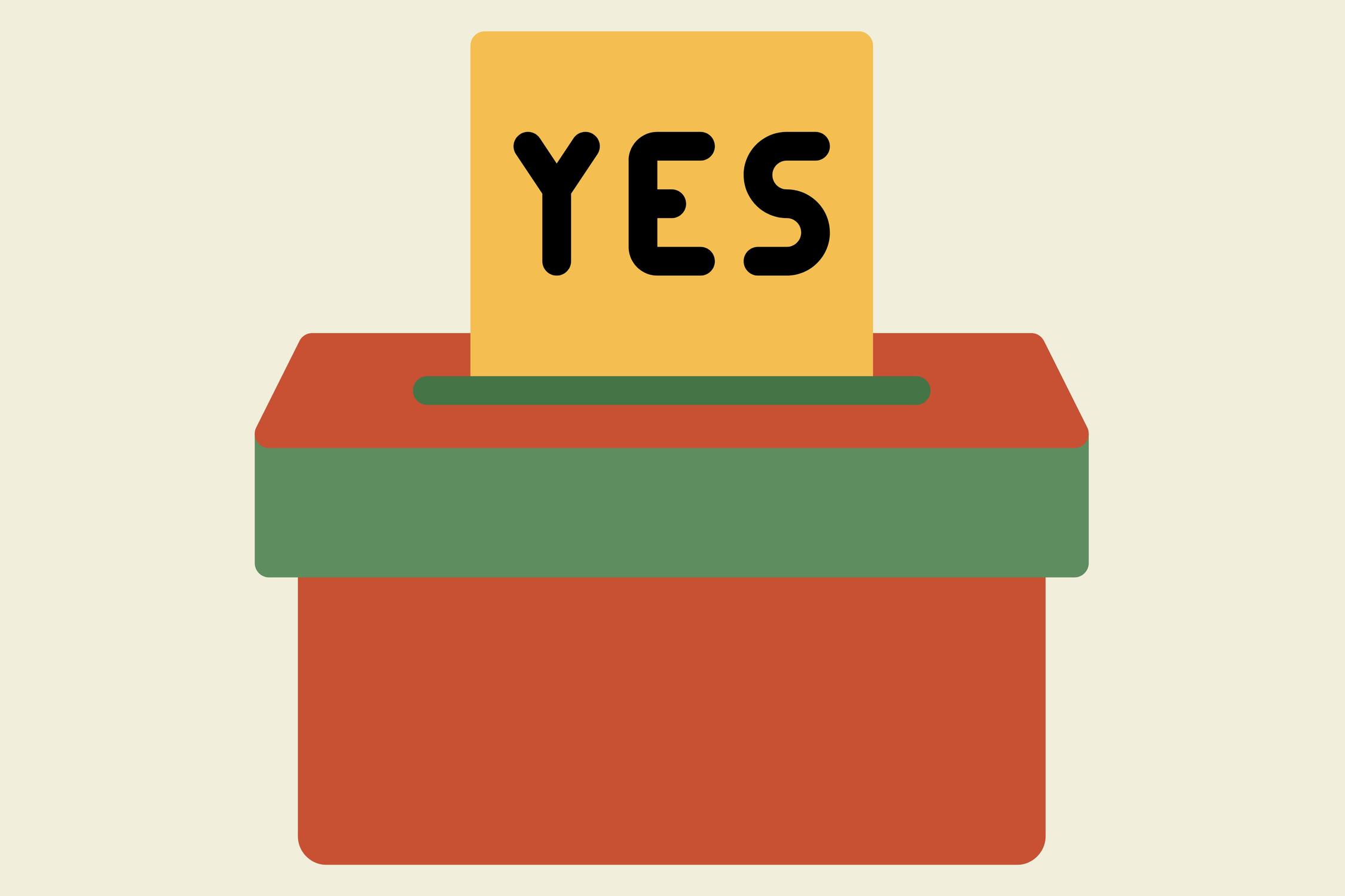 En stemmeseddel med et gult skilt som sier ja på den.