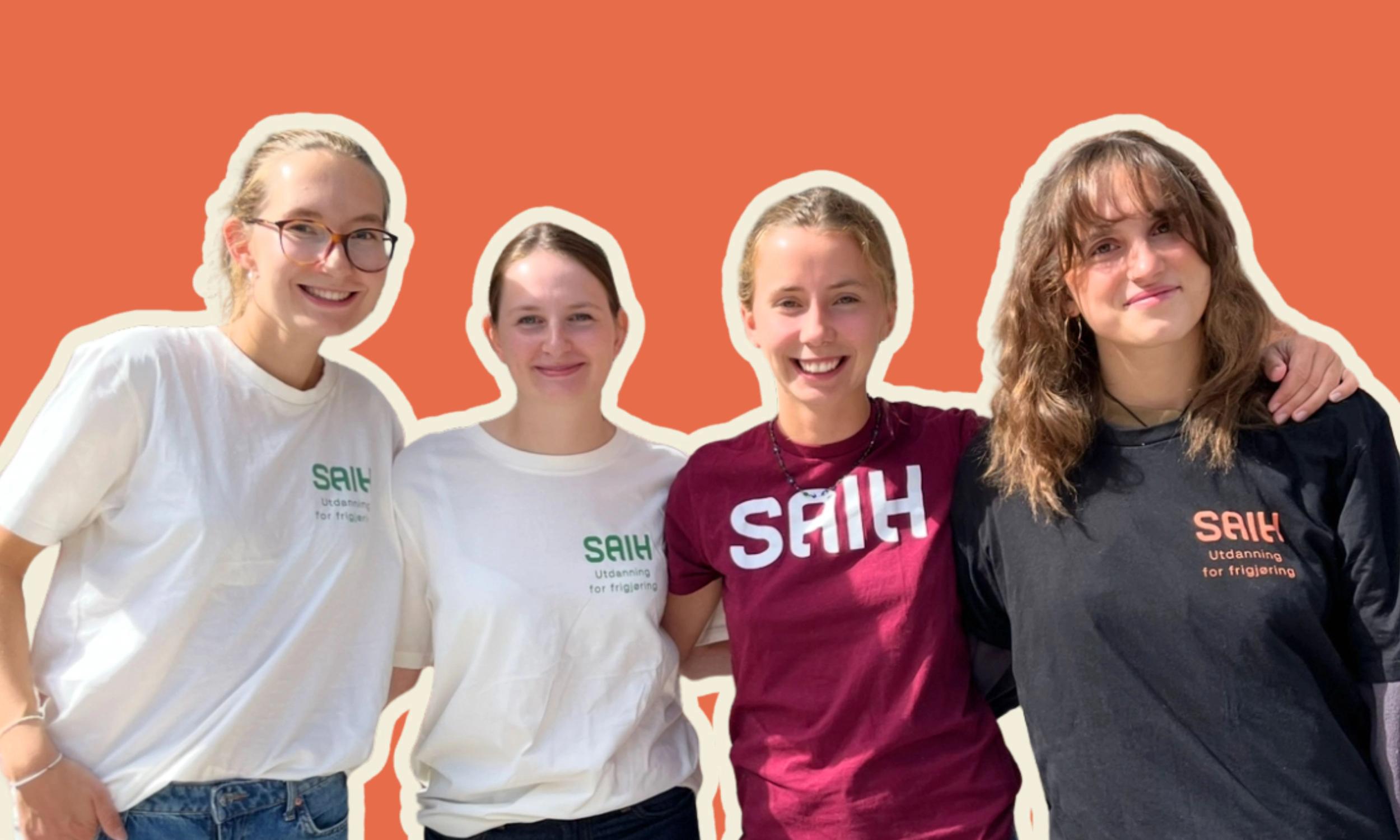 Four smiling young women wearing t-shirts that read "SAIH Utdanning for frigjoring."