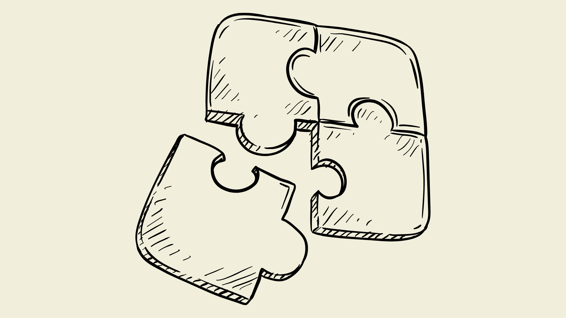 Hand-drawn illustration of four puzzle pieces, three connected and one separate.