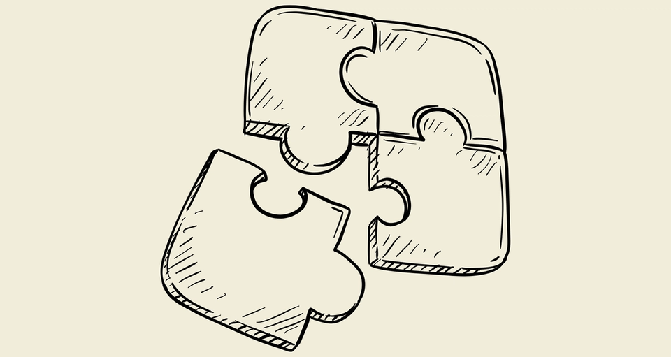 Hand-drawn illustration of four puzzle pieces, three connected and one separate.