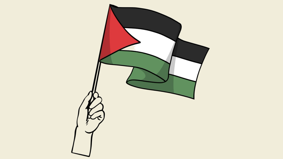 Illustration of a hand holding a waving Palestinian flag.
