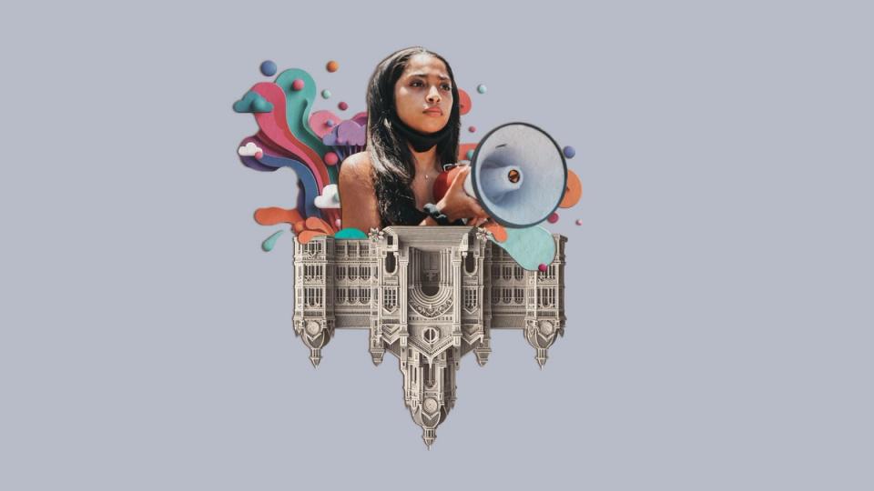 Digital art showing a woman holding a megaphone, with colorful abstract elements and an ornate architectural illustration beneath her.
