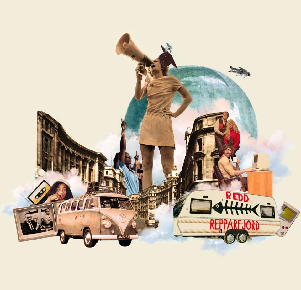 Vintage collage depicting a woman with a megaphone, city scenes, a VW van, protesters, retro technology, and a trailer marked "REDD REPPARFJORD" with a fish skeleton.