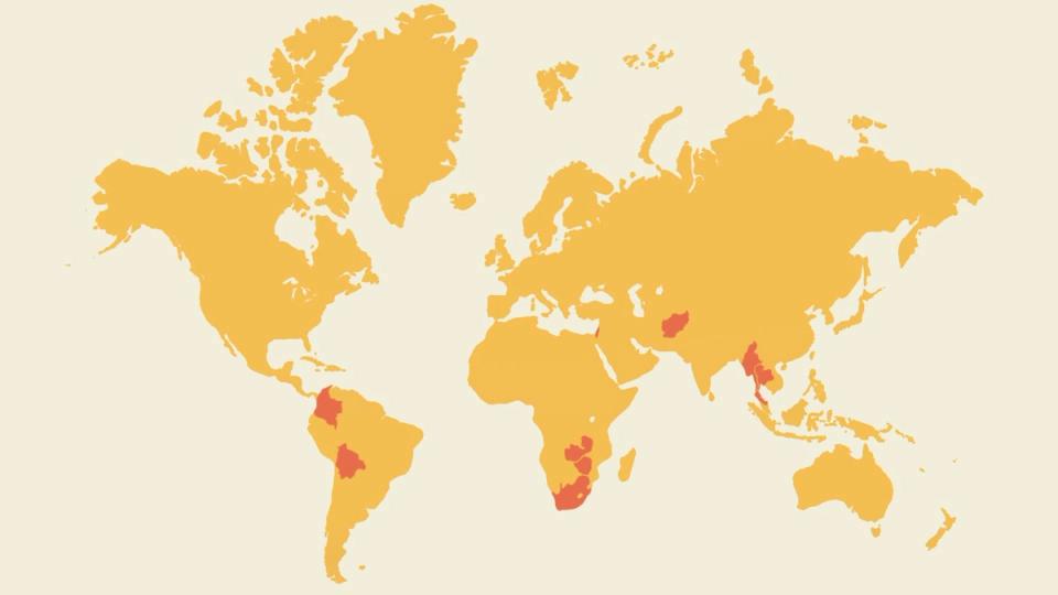 World map highlighting various regions in red.