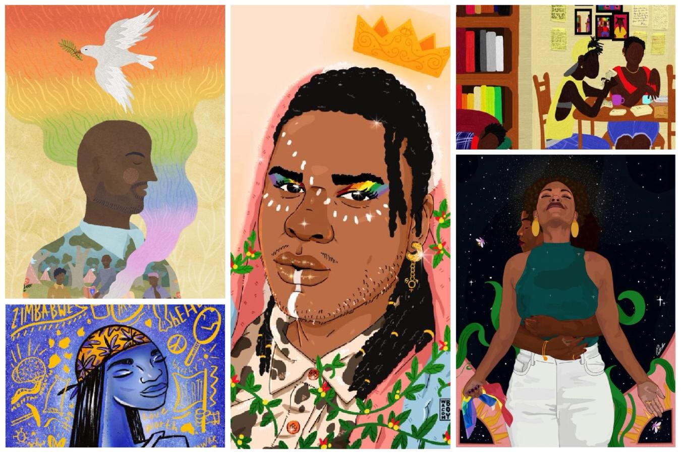 A collage of four colourful paintings.