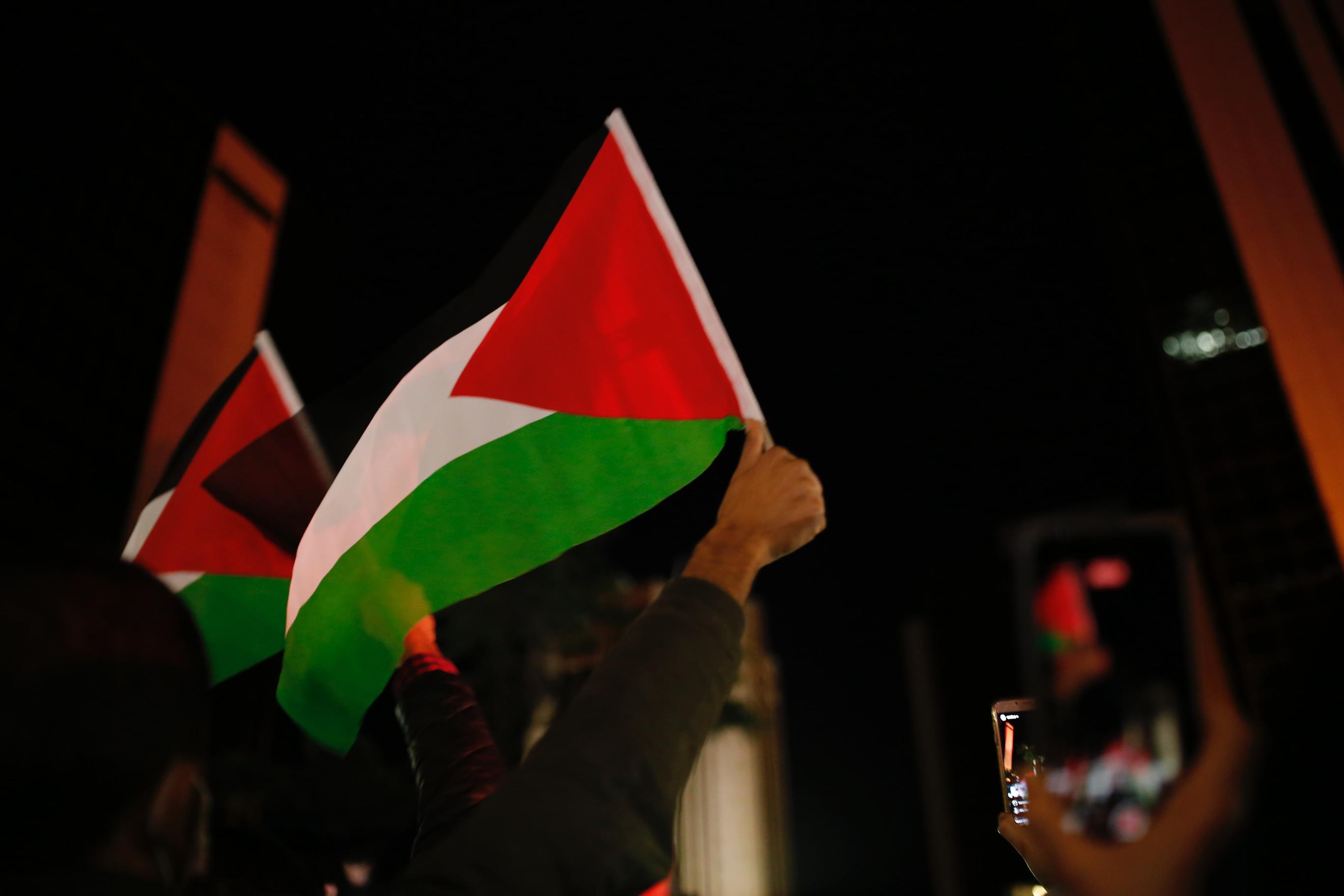 En hånd holder opp et palestinsk flagg i nattemørket.