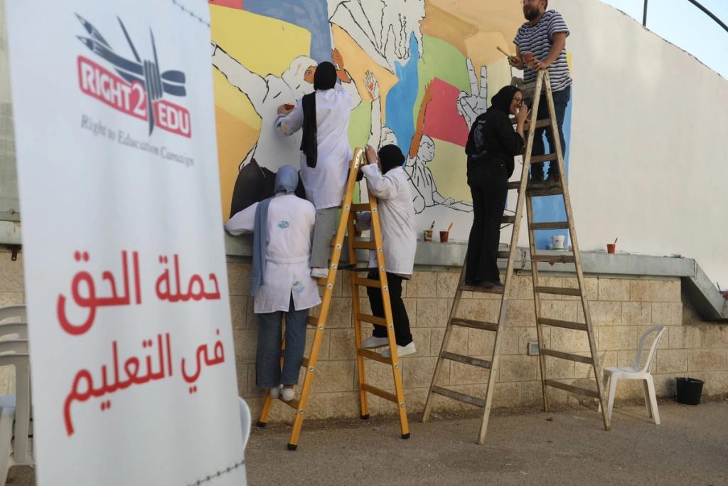 A group of people on ladders painting a colorful mural on a wall, with a "Right to Education" campaign banner visible on the left.