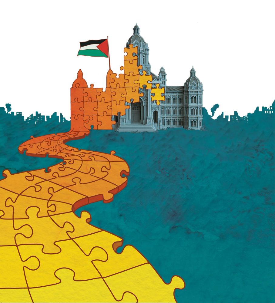 A winding path of yellow and orange puzzle pieces on a textured blue ground leads to a blue grey western university, flying a Palestinian flag on the side that is taken over by puzzle pieces.