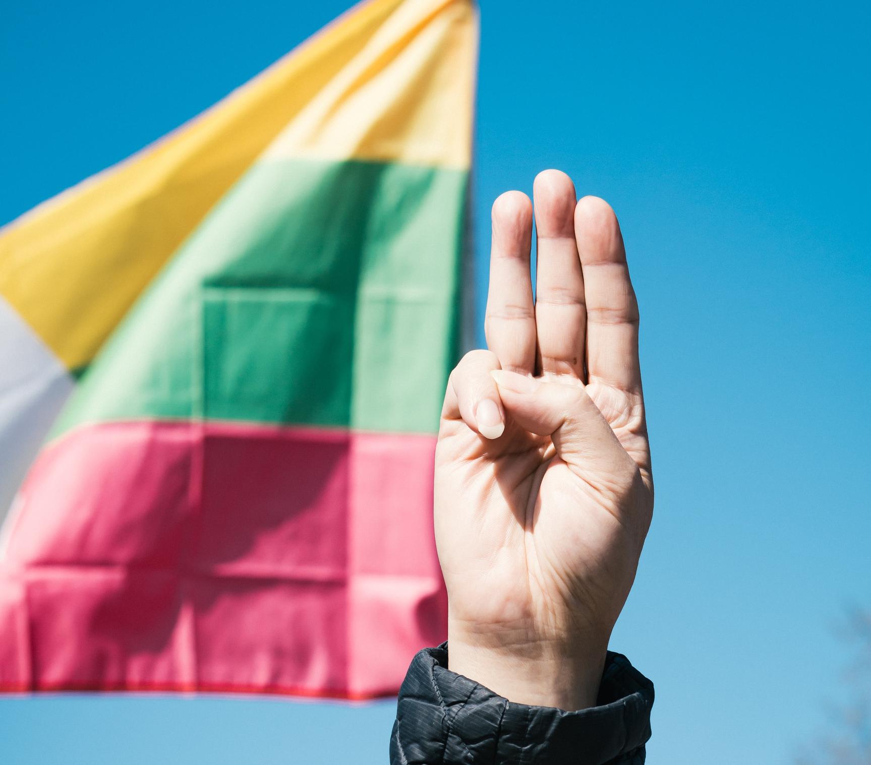a person is making a peace sign in front of a flag .