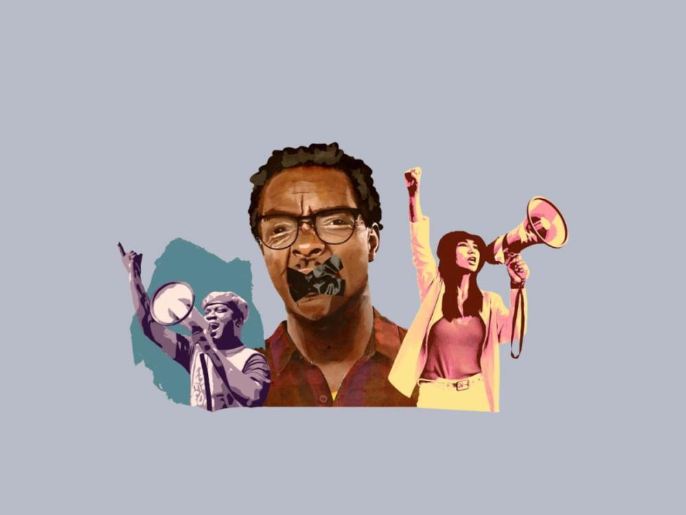 A graphic illustration showing a man with tape over his mouth, flanked by a man and a woman shouting into megaphones with raised arms.