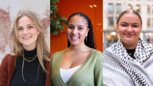 Three smiling young women: one blonde, one with braided dark hair, and one wearing a keffiyeh.