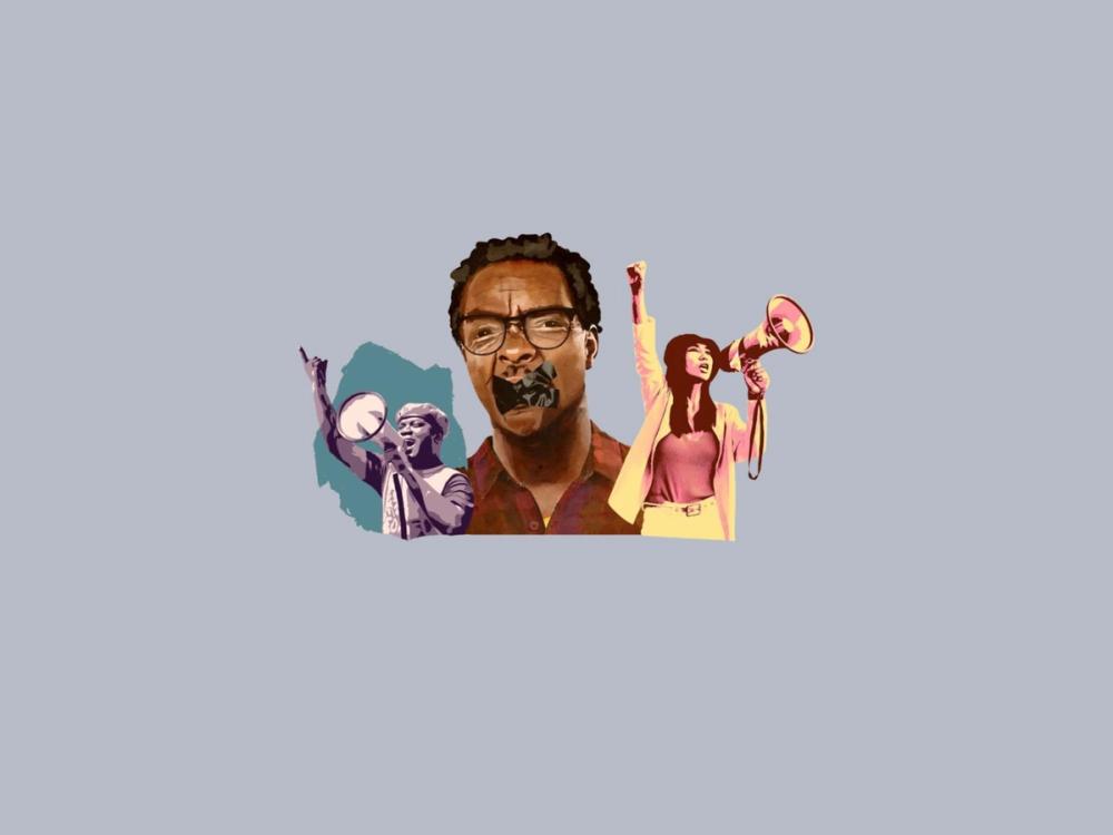 Illustration of a man with tape over his mouth, flanked by two megaphone-wielding protestors.