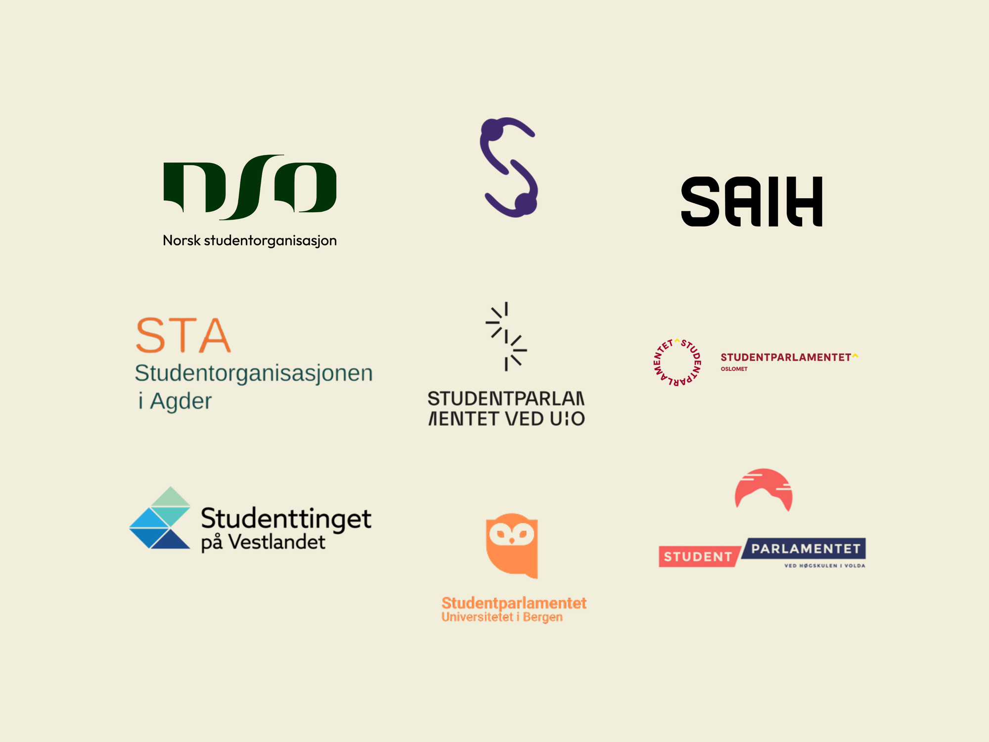 Nine logos of various student organizations, including NSO, SAIH, and different student parliaments.