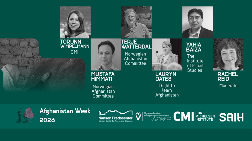 Promotional poster for Afghanistan Week 2026 featuring six speakers and a moderator with their affiliations, against a teal background with a faded image of a person writing on a chalkboard, and organizational logos.