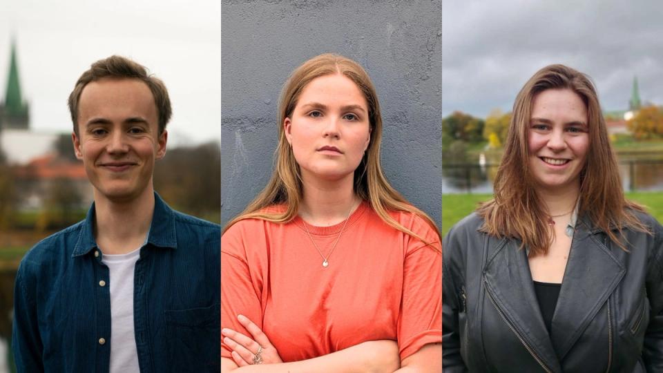 Three individual portraits: a smiling man outdoors, a serious woman against a grey wall, and a smiling woman in a leather jacket outdoors.